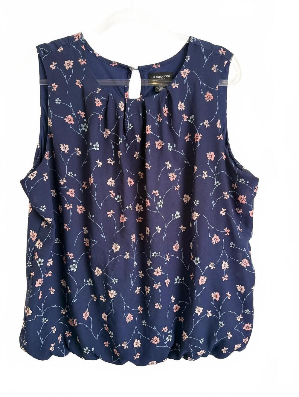 Liz Claiborne | Sleeveless Navy Blue Pink Floral pleated Blouse Size XXL